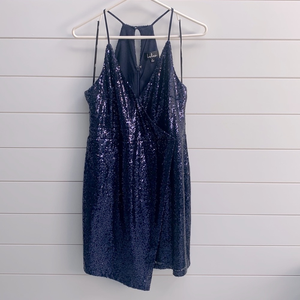 Lulu’s Navy Sequined Cocktail Dress Large Holiday Party New Years Eve